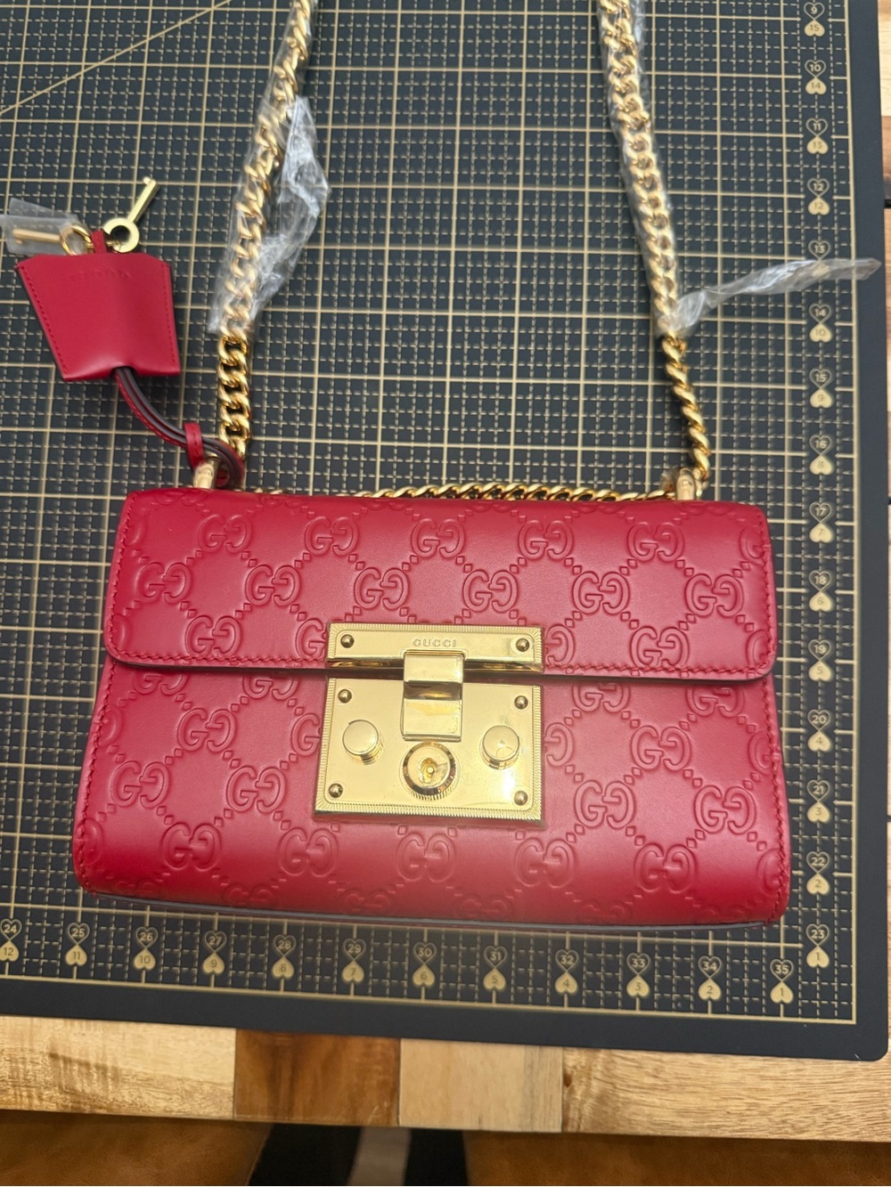 Gucci Red Leather GG Embossed Chain Shoulder Bag with Gold Hardware